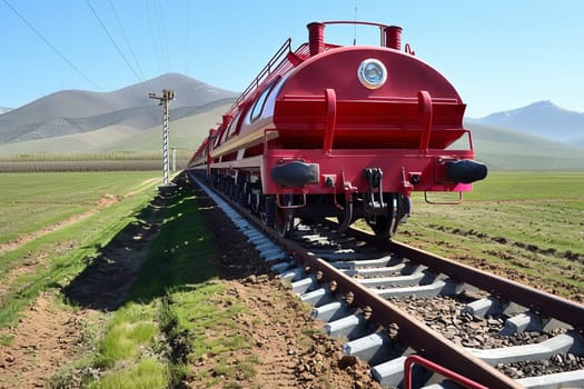 Red freight train traveling on scenic mountain railway landscape.