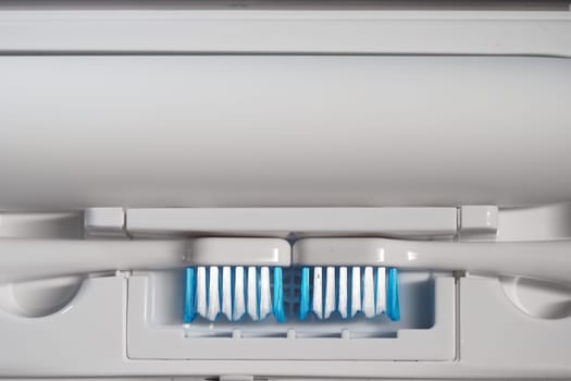 Toothbrush holder containing toothbrushes and a toothpaste dispenser setup.
