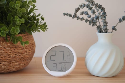 A digital thermometer shows temperature and humidity next to potted plants.
