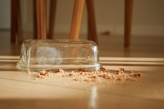 A glass container lies overturned on the floor with crumbs nearby.