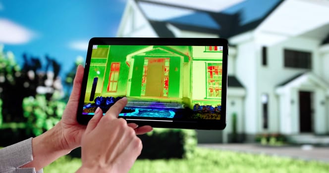 Female Construction Worker Holds Tablet For House Thermal Imaging Photo