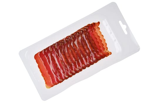 Vacuum-sealed transparent packaging with sliced prosciutto. Retail package for fast and convenient cooking or snacking.