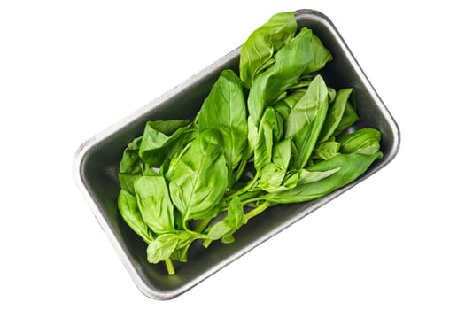 Bright, vibrant basil leaves are arranged in a black container, showcasing their rich green color. The image focuses on the freshness and texture of the leaves against a clean white backdrop.