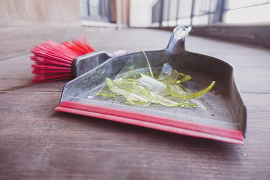 Sweeping up green shards of glass with a dustpan and brush indoors.