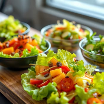 A variety of salads are arranged on a wooden table, with bowls of different sizes and shapes.
