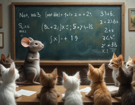 A group of cats are sitting at a blackboard with a mouse teaching them math. Scene is lighthearted and playful, as the cats seem to be enjoying their lesson
