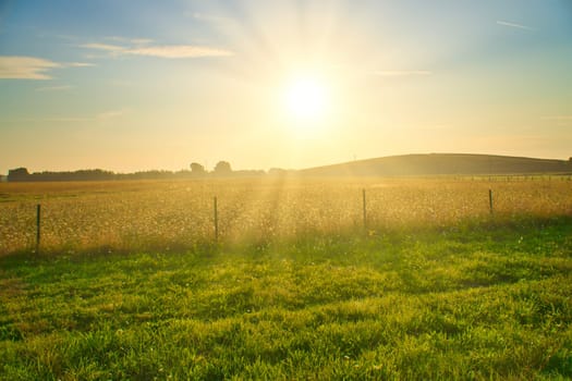 Sunset over a wide field with rolling hills in the background, a wooden fence in the foreground. Warm mood lighting and silhouettes emphasize the landscape.