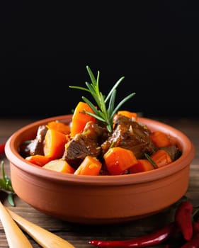 A savory beef stew featuring tender meat and vibrant carrots is served in a clay bowl. Fresh rosemary enhances the aroma, making it perfect for a cozy meal.