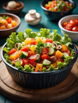 Vibrant salad filled with diced tomatoes, cucumbers, bell peppers, and olives on a bed of lettuce.