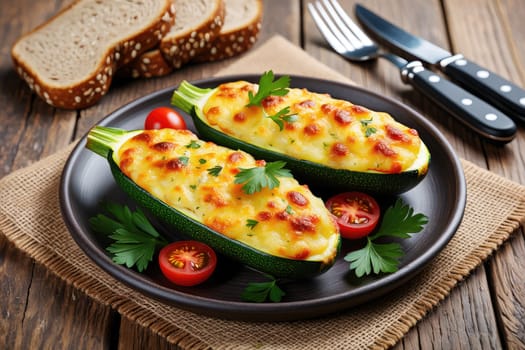 Fresh zucchini boats filled with a creamy cheese mixture are baked to golden perfection. Cherry tomatoes and parsley add color on a rustic wooden table next to slices of brown bread.
