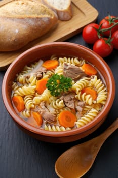A bowl of chicken noodle soup features rotini pasta, tender chicken pieces, and sliced carrots. Fresh cherry tomatoes and a loaf of bread complement the meal, perfect for a cozy dinner.