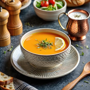 A bowl of vibrant pumpkin soup garnished with a lemon slice and fresh herbs sits on a dark table. Nearby, a copper cup holds cream, alongside a fresh salad and warm bread, creating a comforting meal.