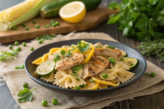 A delicious plate of farfalle pasta topped with grilled chicken, zucchini, and lemon slices. Fresh peas and herbs enhance the dish, set against a wooden backdrop with corn and greens.