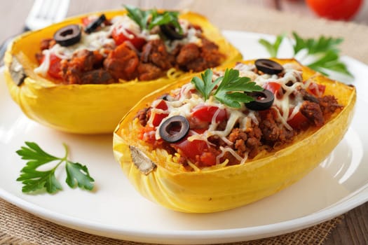 Two yellow spaghetti squash halves filled with seasoned ground meat, tomatoes, cheese, and olives, garnished with parsley, resting on a plate. Perfect for a healthy meal.