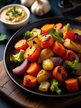 Freshly roasted carrots, potatoes, broccoli, and onions create a vibrant dish with a side of creamy garlic sauce. This delicious meal is perfect for any time of day, highlighting seasonal produce.