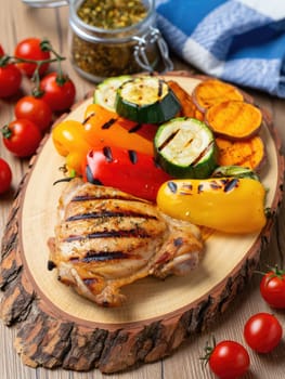 Succulent grilled chicken thigh rests on a wooden platter, accompanied by colorful charred vegetables. Fresh cherry tomatoes add a touch of brightness in this cozy kitchen atmosphere.