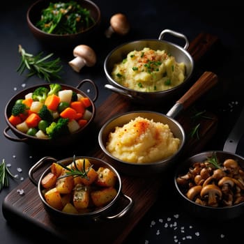 A variety of flavorful side dishes is beautifully arranged on a wooden board.