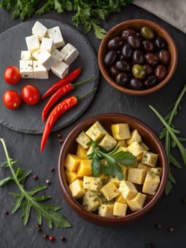 Colorful assortment of cheese cubes, olives, cherry tomatoes, and fresh herbs arranged on dark slate. Spicy peppers add a vibrant touch to this elegant platter, perfect for entertaining.