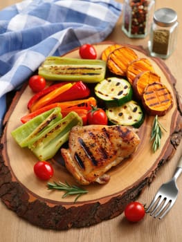 Juicy grilled chicken is artfully arranged with vibrant grilled vegetables including bell peppers, zucchini, and sweet potatoes.