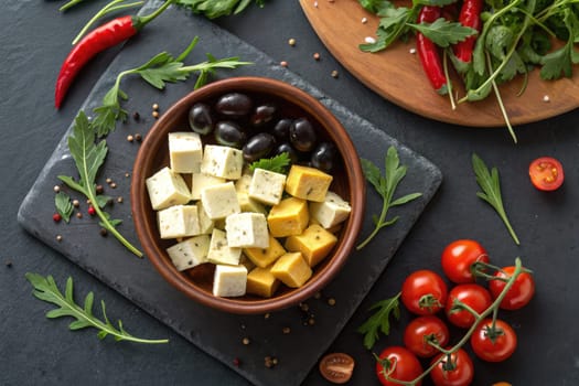 A bowl filled with assorted fresh cheeses and olives is surrounded by vibrant vegetables. The rustic setting enhances the colors of the ingredients, creating an appetizing display for a meal.