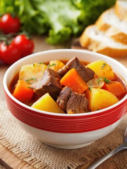A hearty beef stew is presented in a red and white bowl, filled with succulent chunks of meat, potatoes, and carrots. Fresh tomatoes and slices of bread enhance the rustic setting, inviting enjoyment.