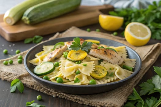 A vibrant bowl of farfalle pasta is topped with seasoned chicken, green peas, and slices of zucchini. Fresh lemon wedges and parsley enhance the dishs flavor, set on a rustic table.