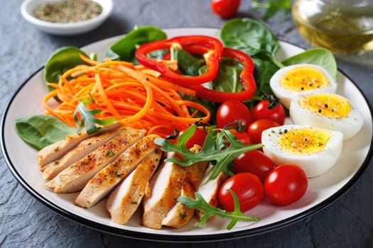 A colorful and nutritious salad features grilled chicken breast, fresh spinach, sliced bell peppers, cherry tomatoes, carrots, and boiled eggs. It is served on a white plate.