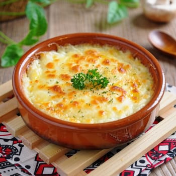 A delicious baked dish featuring melted cheese and a sprinkle of fresh herbs sits in a earthenware bowl on a wooden surface. The warm, inviting dish is accented by a colorful placemat.