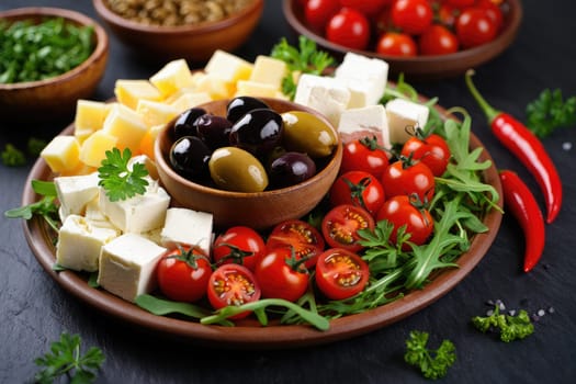 A vibrant platter showcases a selection of cherry tomatoes, olives, various cheeses, and fresh greens arranged artfully for meal preparation. This inviting display highlights fresh ingredients.