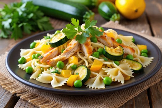 A hearty meal features farfalle pasta topped with grilled chicken, green peas, bell peppers, and zucchini, garnished with fresh parsley. The rustic table setting enhances the appetizing look.