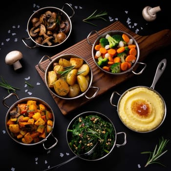 A wooden board holds a selection of vibrant vegetable dishes, including mushrooms, broccoli, carrots, and mashed potatoes. This cozy kitchen arrangement highlights fresh ingredients.