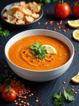 A bowl of vibrant lentil soup is garnished with a lemon slice and cilantro. Fresh tomatoes and bread accompany the dish, arranged artfully on a dark wooden table.
