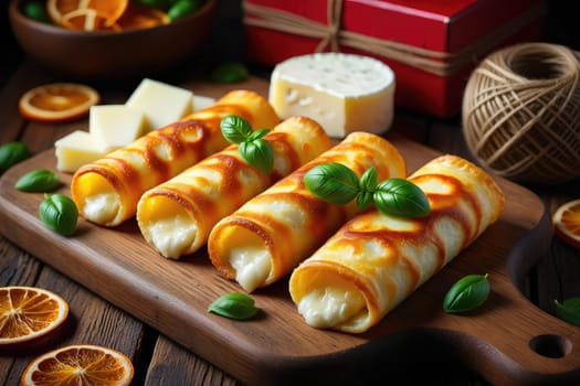 Golden brown tortillas filled with creamy cheese are artistically displayed on a wooden board. Fresh basil and slices of cheese accompany the dish, enhancing its appeal.