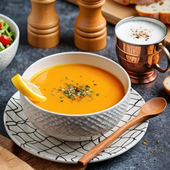 A creamy orange soup is presented in a decorative bowl, garnished with herbs and a slice of lemon. Nearby, a cup of white sauce, bread slices, and a salad enhance the meals appeal.