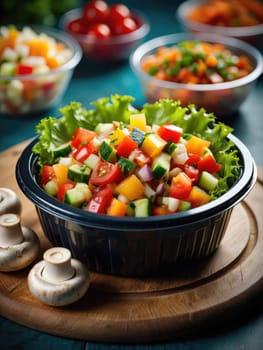 Freshly prepared salad features vibrant vegetables including tomatoes, peppers, cucumbers, and herbs presented in a rustic kitchen. The bowls in the background show more colorful salads.
