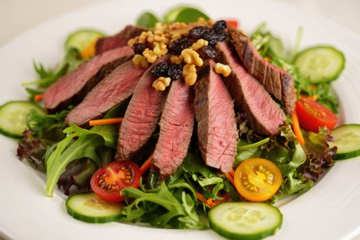 This dish features tender slices of grilled beef steak arranged on a bed of mixed greens, complemented by cherry tomatoes, cucumbers, walnuts, and a hint of sweetness from dried fruits.
