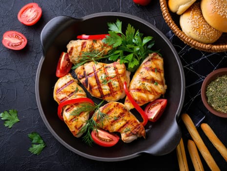 Tender grilled chicken breasts are garnished with fresh parsley and tomato slices. Accompanying the dish are sesame seed buns and herbs, creating an appetizing meal setting.