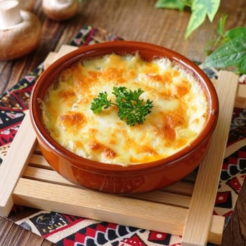 A warm, baked dish sits on a wooden board, showcasing golden melted cheese and sprinkled parsley. The rustic setting features green foliage, adding a touch of nature to the meal.