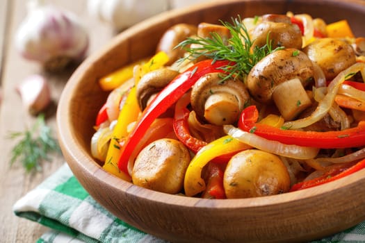 A delicious stir fry features vibrant bell peppers, mushrooms, and onions, garnished with fresh herbs. The dish is set on a rustic wooden table, evoking a warm and inviting kitchen atmosphere.