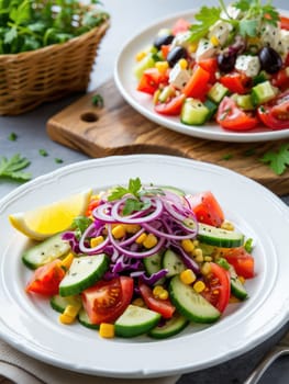 A colorful garden salad featuring cucumbers, tomatoes, red cabbage, corn, and red onion on a white plate. A wedge of lemon adds brightness, enhancing the fresh flavors of the dish.