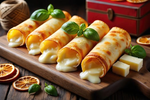 Platter showcases several golden cheese filled rolls drizzled with melted cheese, garnished with fresh basil leaves.
