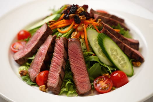 A vibrant dish features slices of tender steak arranged artistically on a bed of fresh greens, with cherry tomatoes, cucumbers, and shredded carrots enhancing the presentation.