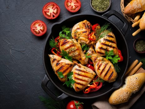 Succulent grilled chicken pieces are arranged in a skillet, surrounded by colorful bell peppers, fresh herbs, and ripe tomatoes.