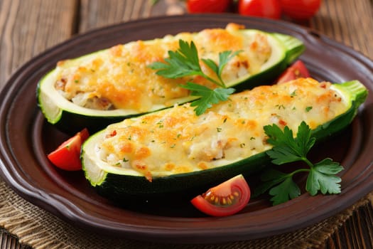 Two zucchini boats filled with a cheesy mixture sit on a rustic plate. Fresh cherry tomatoes and parsley garnish the dish, showcasing vibrant colors and appetizing textures.