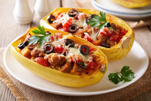 Two halved spaghetti squashes filled with seasoned meat, diced tomatoes, olives, and cheese are presented on a rustic wooden table. Fresh parsley adds a touch of color to the dish.