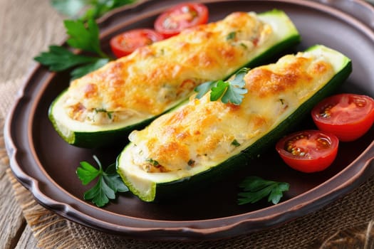 Two vibrant zucchini halves filled with savory stuffing and topped with golden melted cheese sit on a rustic plate. Fresh cherry tomatoes and parsley garnish enhance the dishs appeal.