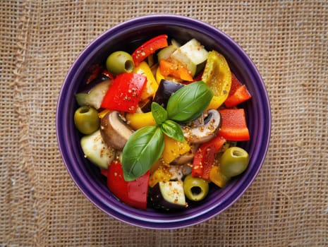 A vibrant mix of bell peppers, cucumbers, onions, mushrooms, and olives is served in a deep purple bowl, garnished with fresh basil. The natural fabric adds a rustic touch to the setting.