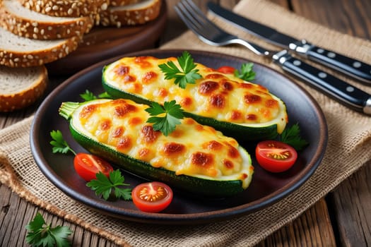 Two halved zucchinis are filled with melted cheese and garnished with fresh parsley. Cherry tomatoes surround them on a rustic plate.