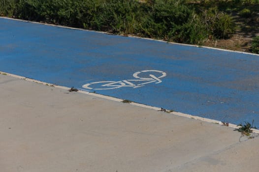 A vibrant blue bicycle lane stretches across a peaceful park, marked with a white bicycle symbol. Sunlight casts gentle shadows as greenery borders the pathway, perfect for outdoor adventures.