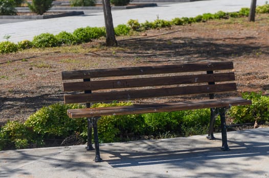 A rustic wooden bench sits surrounded by lush green shrubs in a serene park. The sunlight filters through trees, creating a calm atmosphere perfect for peaceful contemplation.